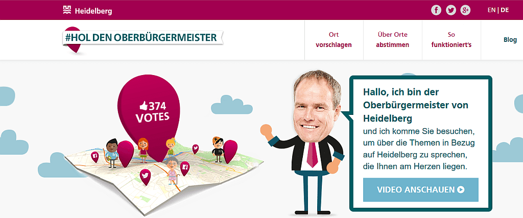 Bildschirmfoto der Startseite der Website Hol den Oberbürgermeister