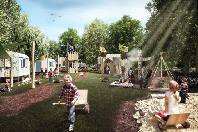 Planungsfoto der Kinderbaustelle. Spielende Kinder. Im Hintergrund Bauwägen und eine Art Holzschloss und Tippis