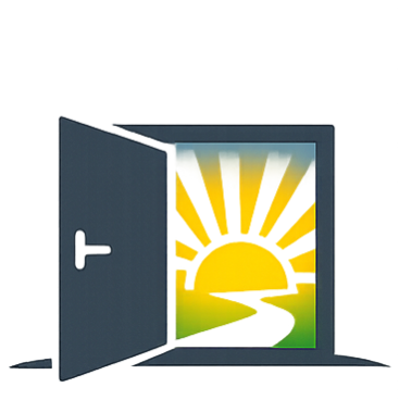 Eine geöffnete Tür. Dahinter scheint die Sonne und ein Pfad ist sichtbar.